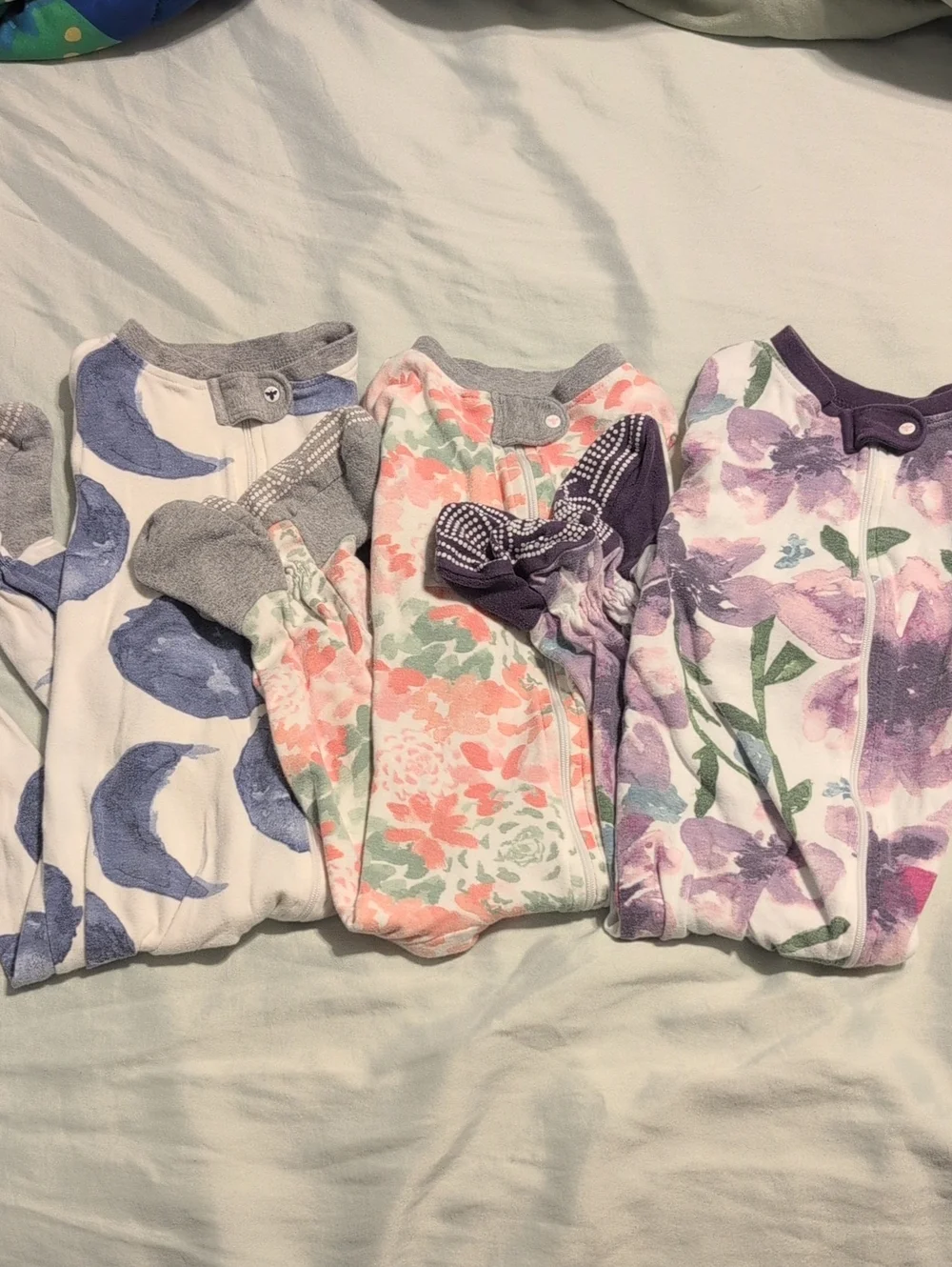 Baby Girls 3-Pack Floral & Moon Zip Pajama Sleepers - Purple, Peach, Blue